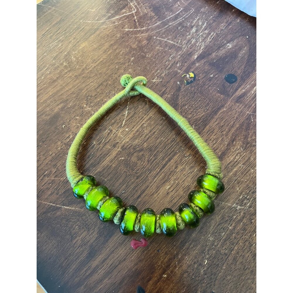 Handcrafted Green Glass Bead Necklace With Wrapped Cord Design Bohemian Style